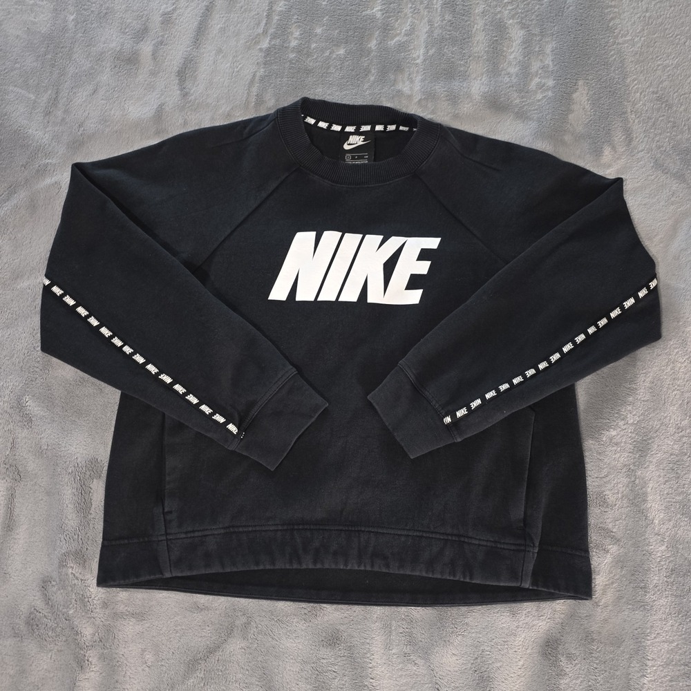 Nike Sportswear Optic Crewneck Top Womens Small Black NIKE Spell Out & Arm Trim